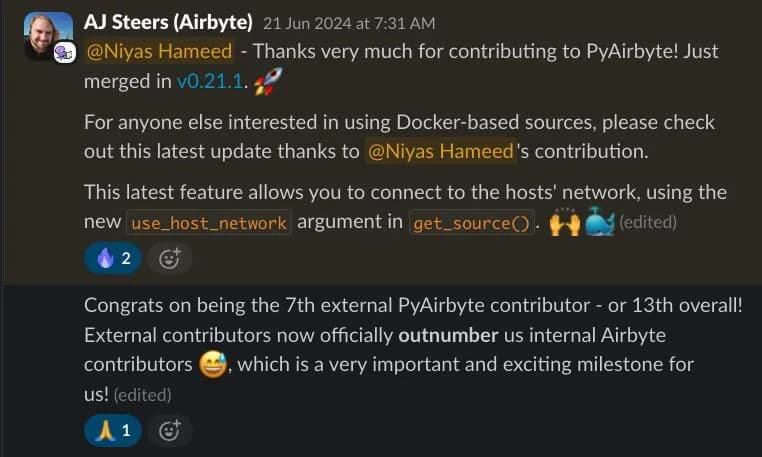Aaron Steers announcing the merged PR, and telling Niyas he'd become PyAirbyte's 7th external contributor, in Airbyte's Slack